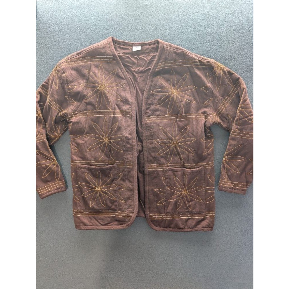 ZARA Brown Quilted Jacket Floral Embroidered Open Front Cardigan Size XL